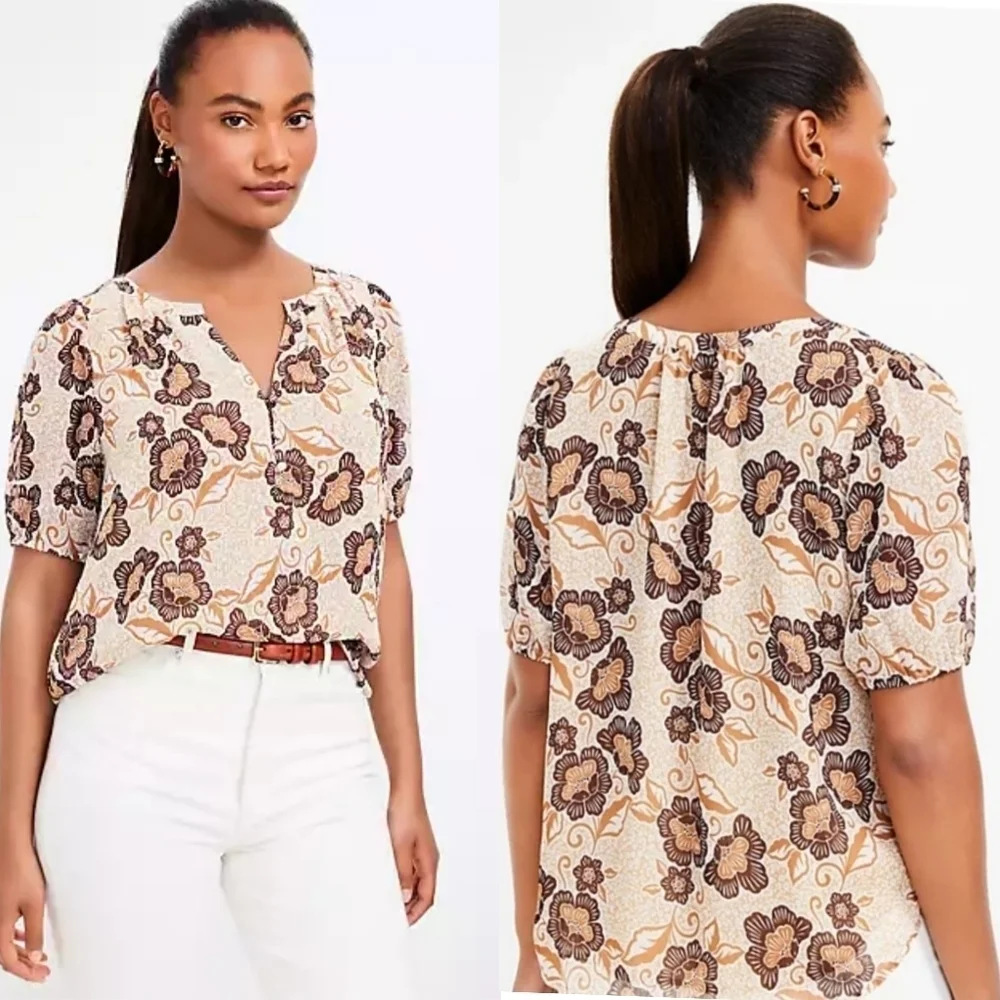 Loft Floral Print Puff  Womens Sleeve Henley Blouse Size XL.